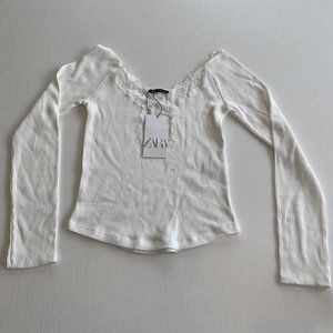 Zara Cream Long Sleeve Shirt w/ Lace Embroidery